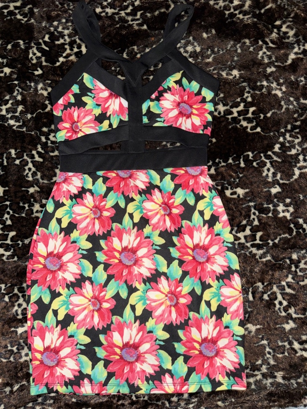 Material Girl Black Floral Mini Dress with Pink & Green Accents